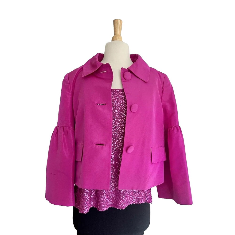 Ellen Tracy 100% Silk Bell Sleeve Crop Jacket Sz 10 & Sequin Top Sz M Magenta
